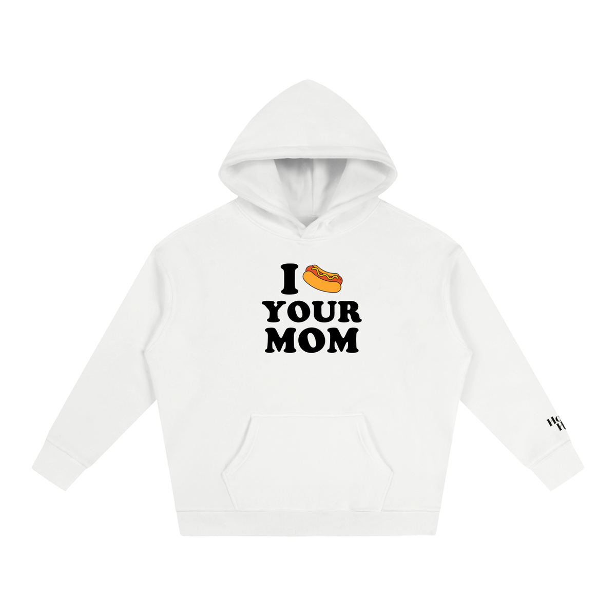 Hotdog Your Mom Hoodie in White — Tapstitch front mockup