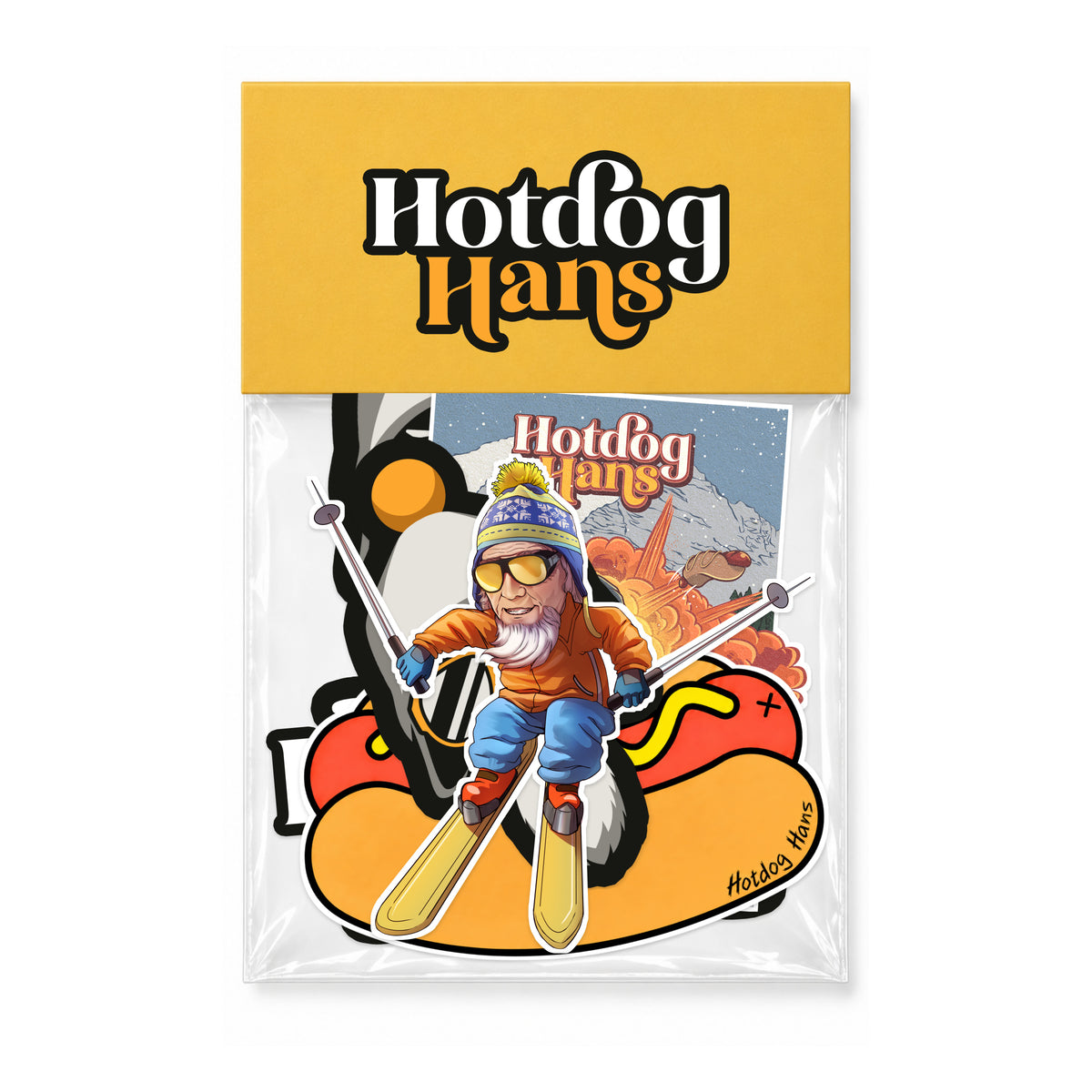 Hotdog Hans sticker pack with a gold logo header and seven overlapping stickers inside a clear sleeve.