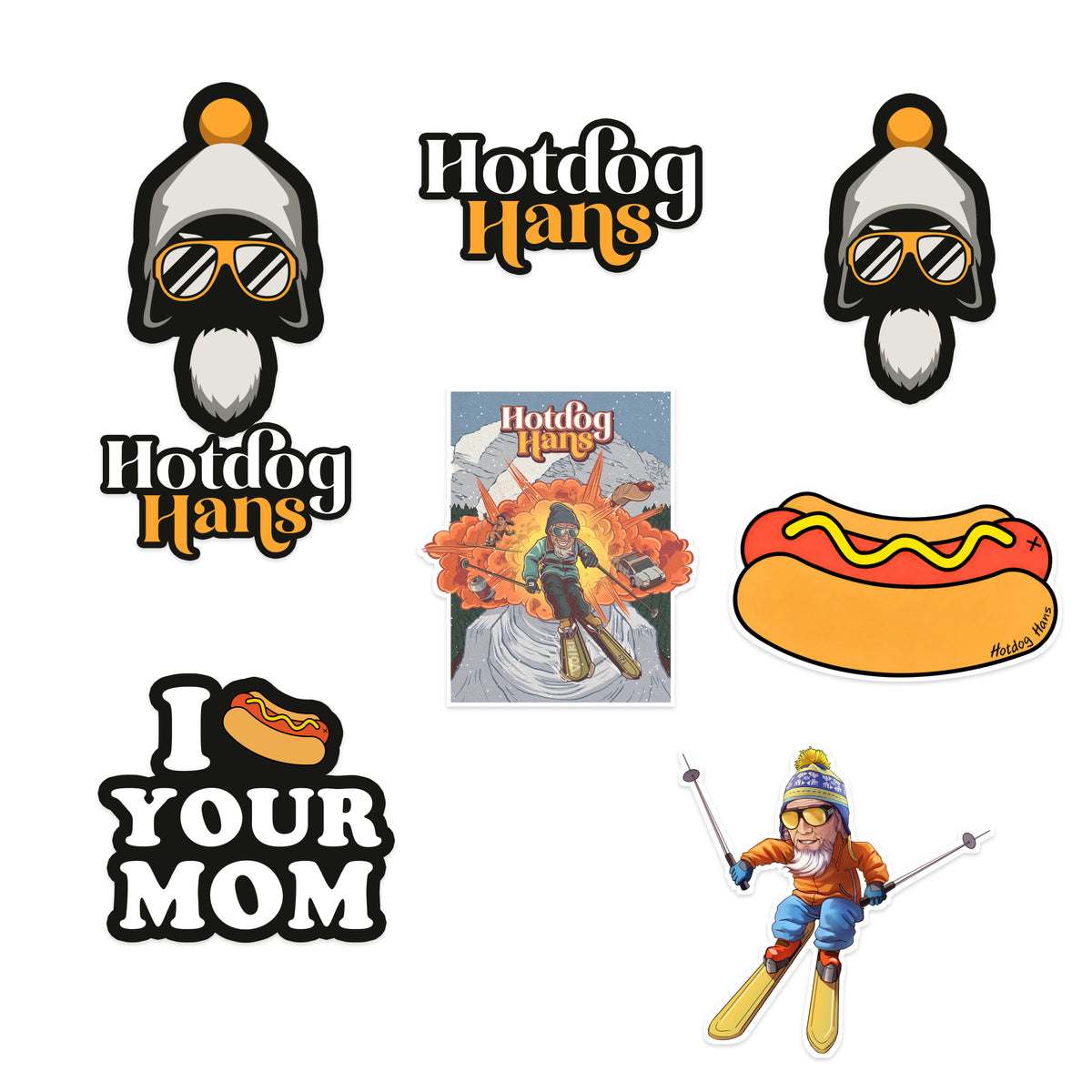 All seven Hotdog Hans sticker designs included in the pack.
